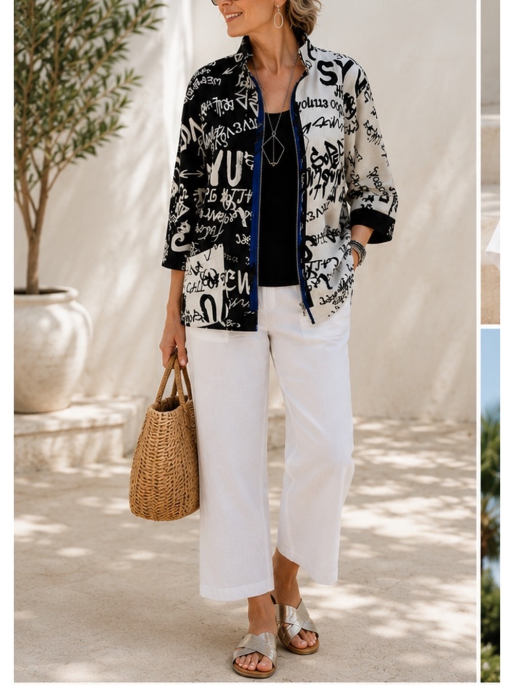IC Connie K black white typography print front zip jacket 3/4 sleeves S - Picture 12 of 12